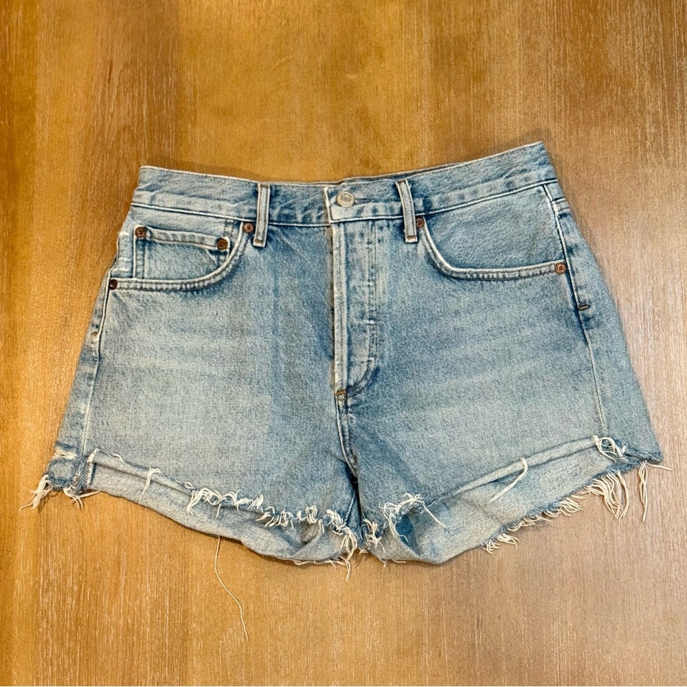 AGOLDE Parker Cut Off Shorts Distressed Frayed Hem High Rise Blue Sz 26
